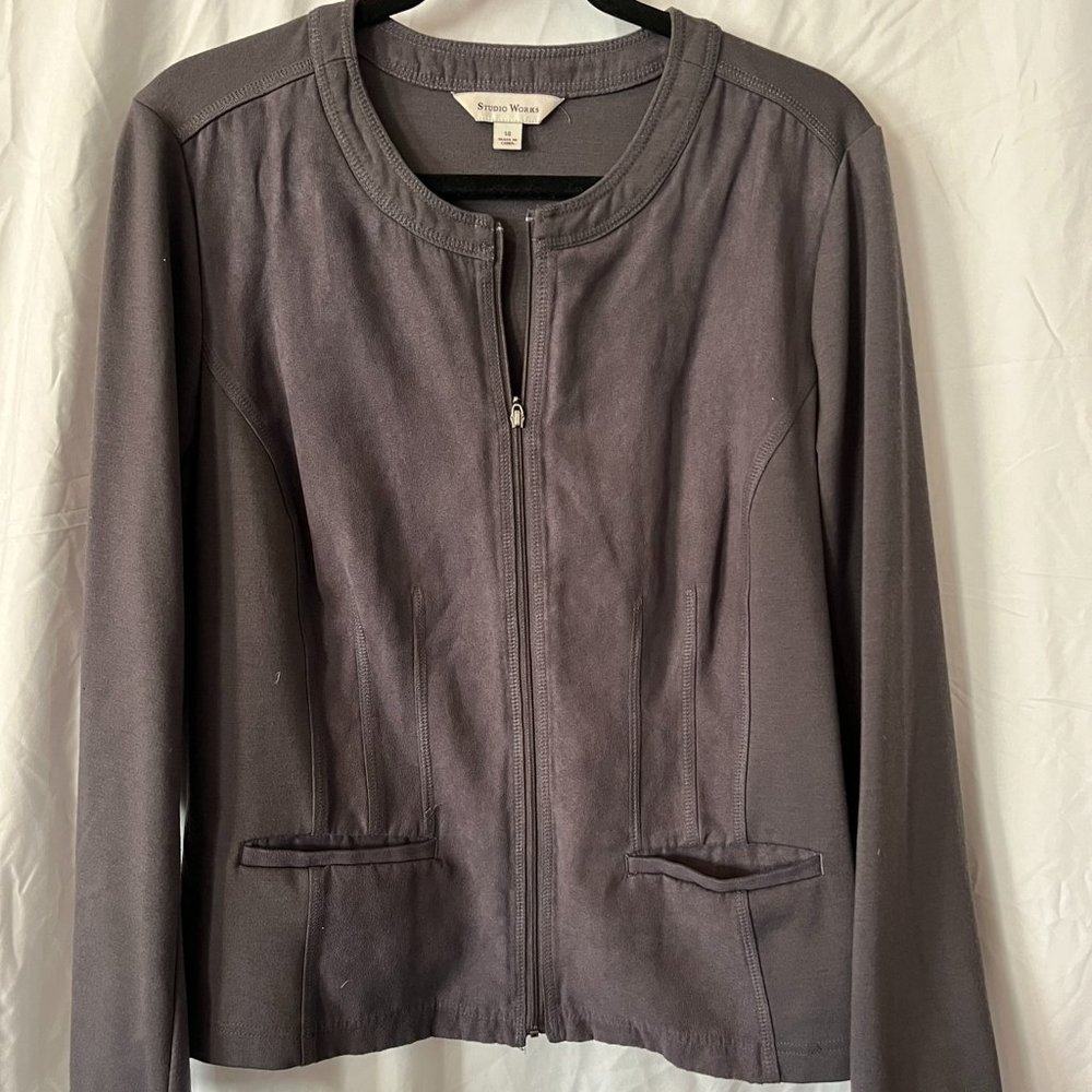Studio Works zip front suede grey blazer, size 14